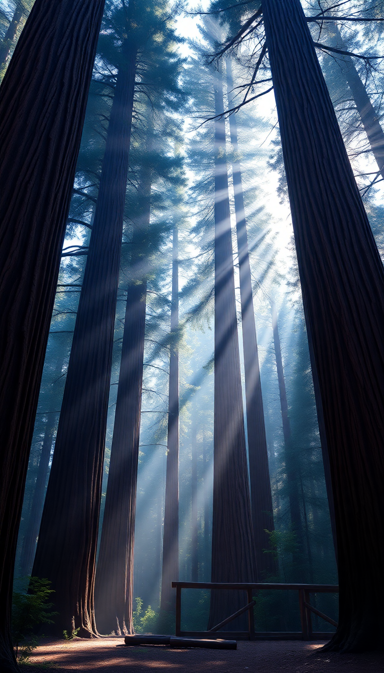 Giant Redwood Trees Morning Fog Photorealistic Wallpaper