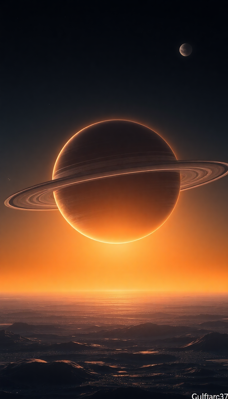 Massive Ringed Planet Rising Over Photorealistic Wallpaper