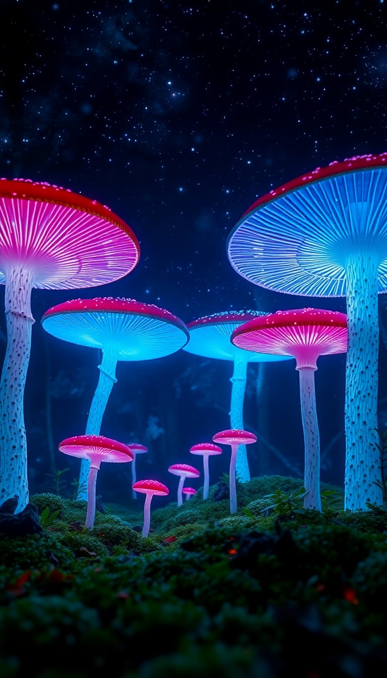 Bioluminescent Mushroom Forest At Night Photorealistic Wallpaper