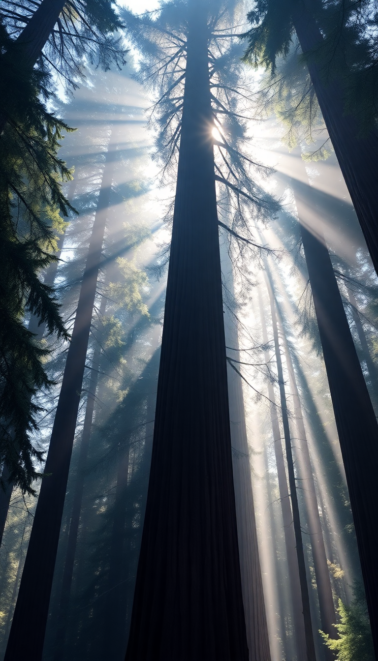 Giant Redwood Trees Morning Fog Photorealistic Wallpaper