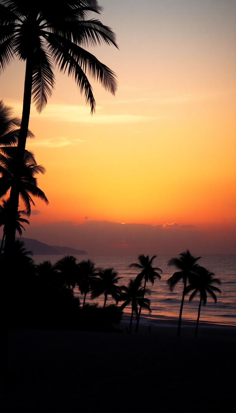 Summer Sunset Beach Silhouette Palm Photorealistic Wallpaper
