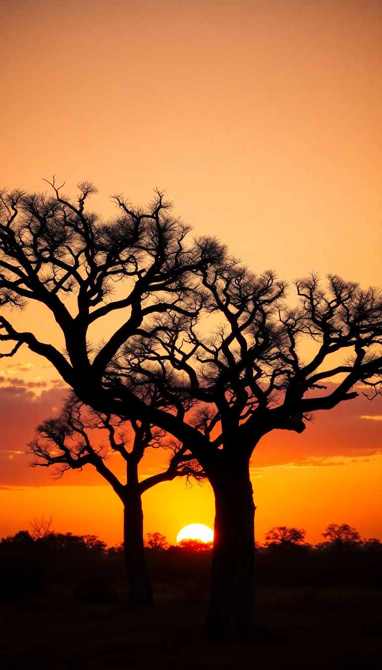 Baobab Trees Silhouette African Sunset Photorealistic Wallpaper