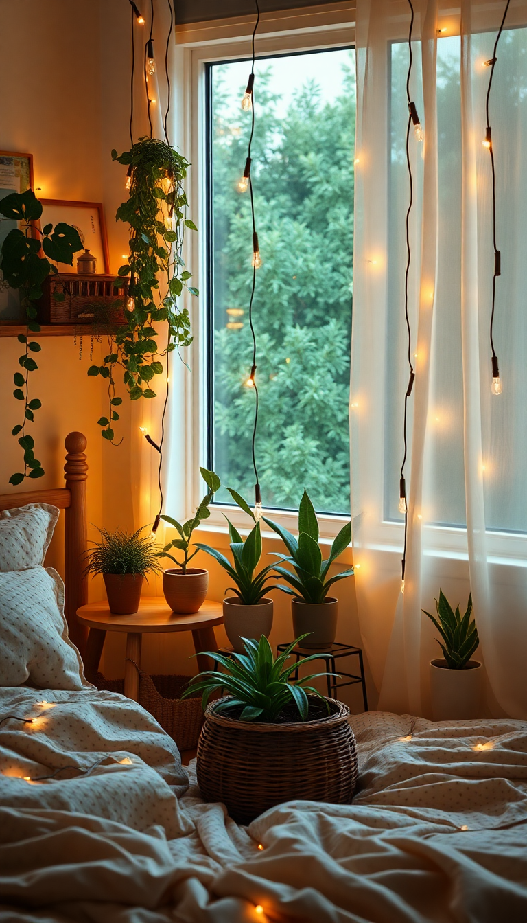 Indie Bedroom Fairy Lights Plants Photorealistic Wallpaper