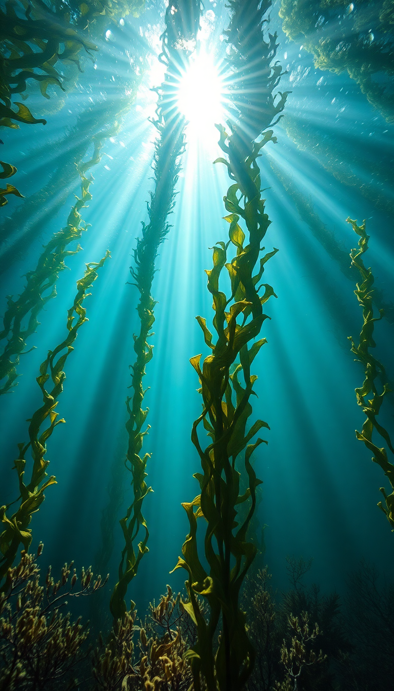 Underwater Kelp Forest Sun Rays Photorealistic Wallpaper