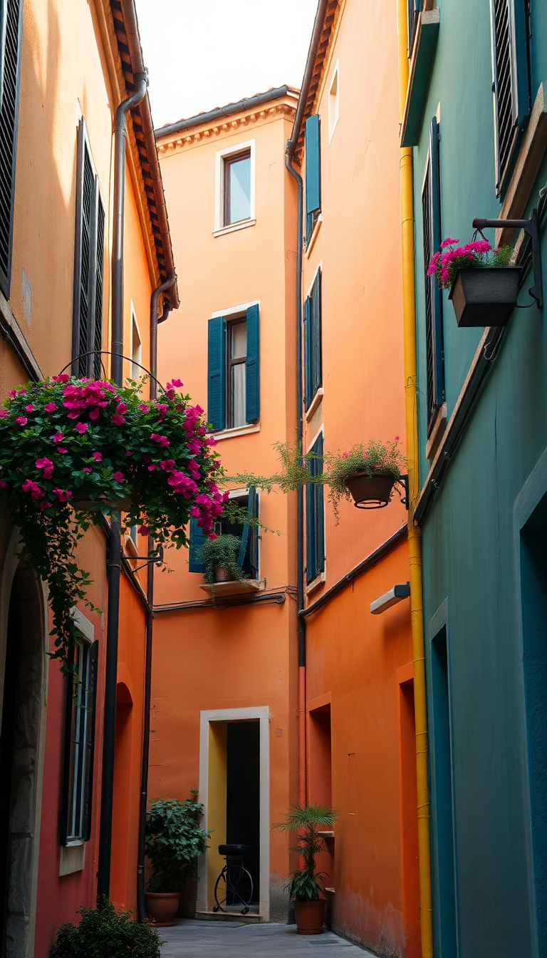 Organic Narrow Alley Buildings Plants Photorealistic Wallpaper