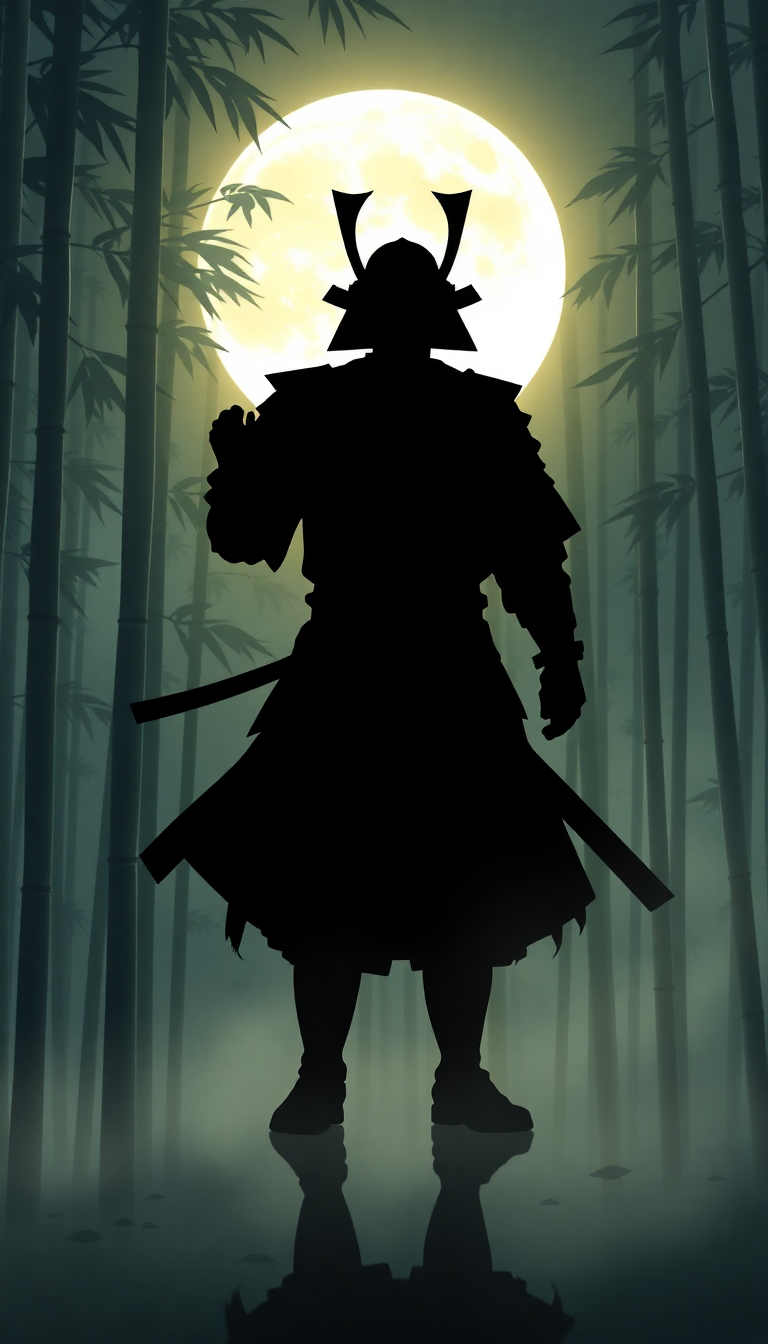 Samurai Silhouette Moonlit Bamboo Forest Digital art Wallpaper