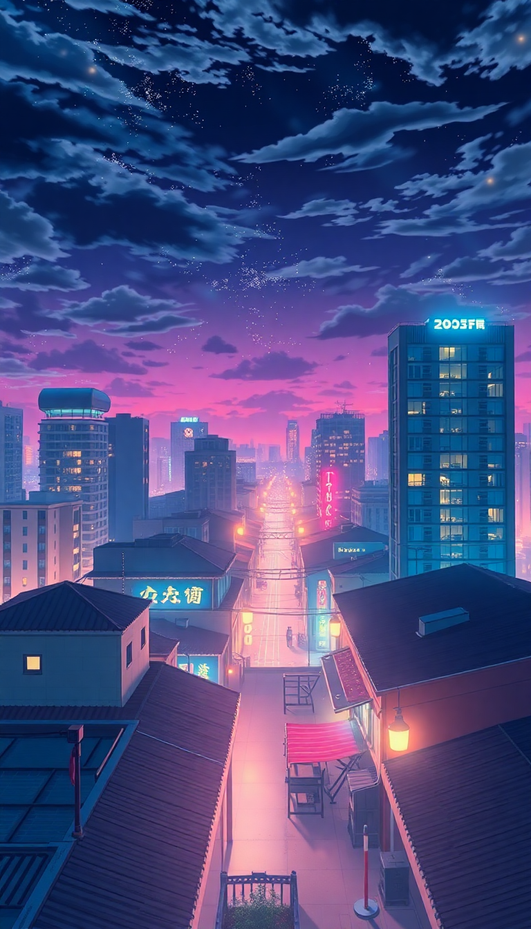 Rooftop At Night City Lights Anime Wallpaper