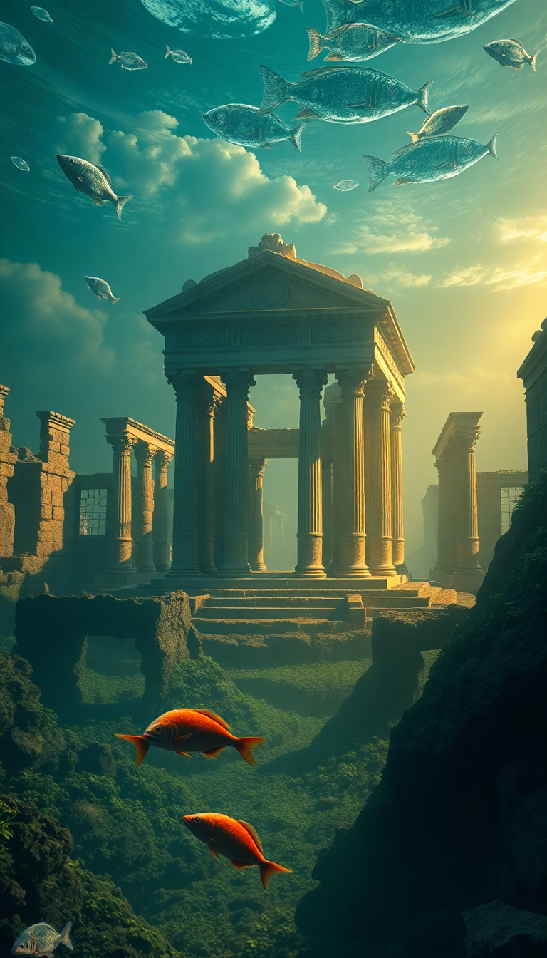 Sunken Ancient Temple Fish Swimming Digital art Wallpaper