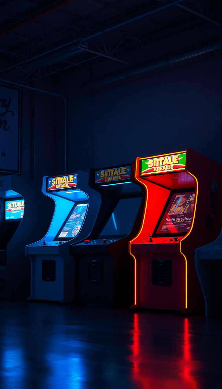 Old Arcade Machines Dark Room Photorealistic Wallpaper