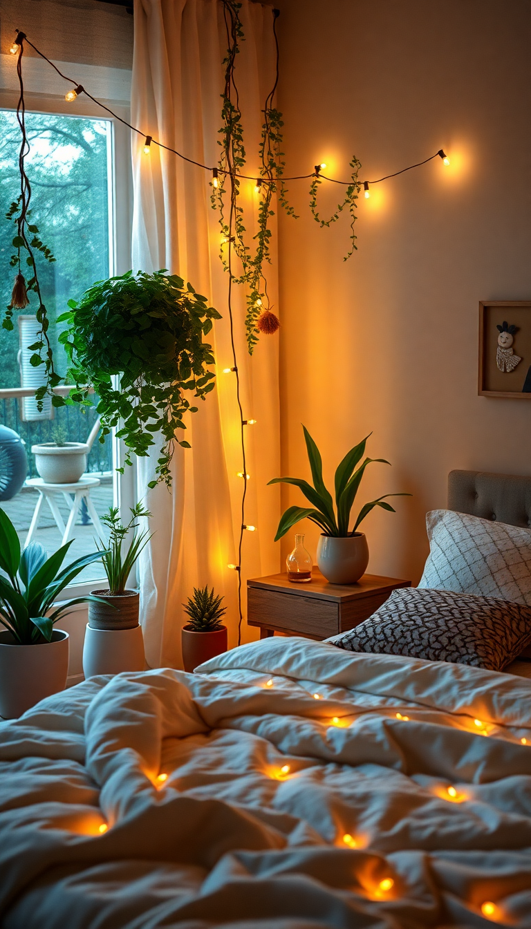 Indie Bedroom Fairy Lights Plants Photorealistic Wallpaper