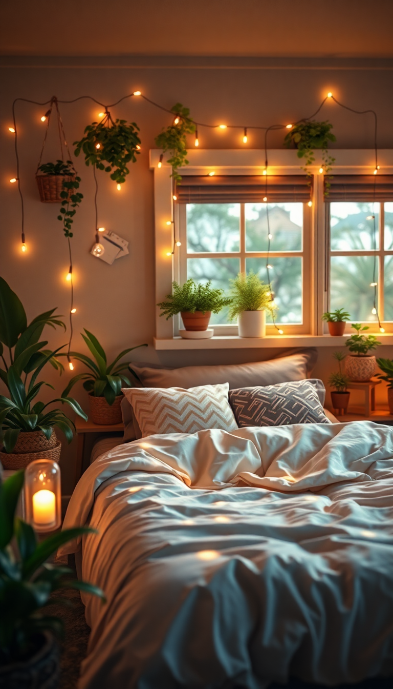 Indie Bedroom Fairy Lights Plants Photorealistic Wallpaper