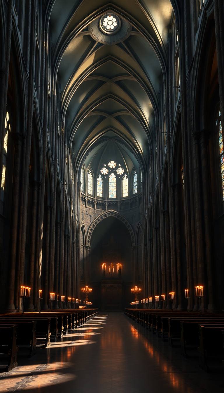 Gothic Cathedral Interior Candlelight Shadows Photorealistic Wallpaper