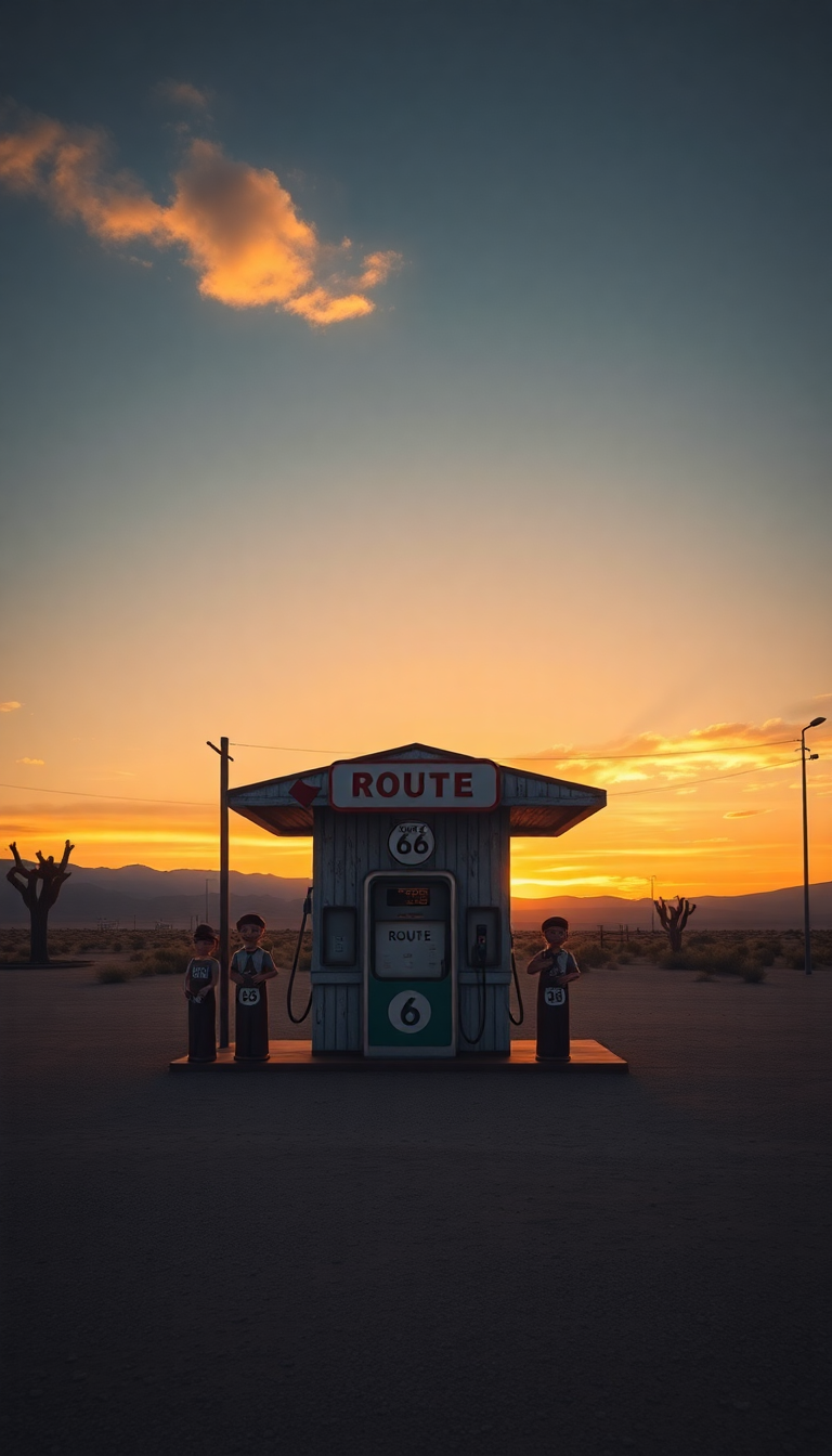 Old Gas Station Desert Route Photorealistic Wallpaper