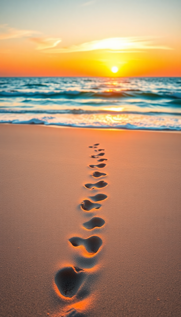 Summer Beach Golden Hour Footprints Photorealistic Wallpaper