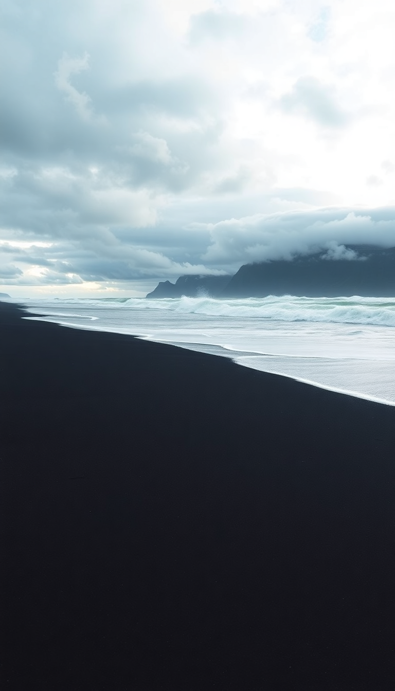 Icelandic Black Sand Beach Waves Photorealistic Wallpaper