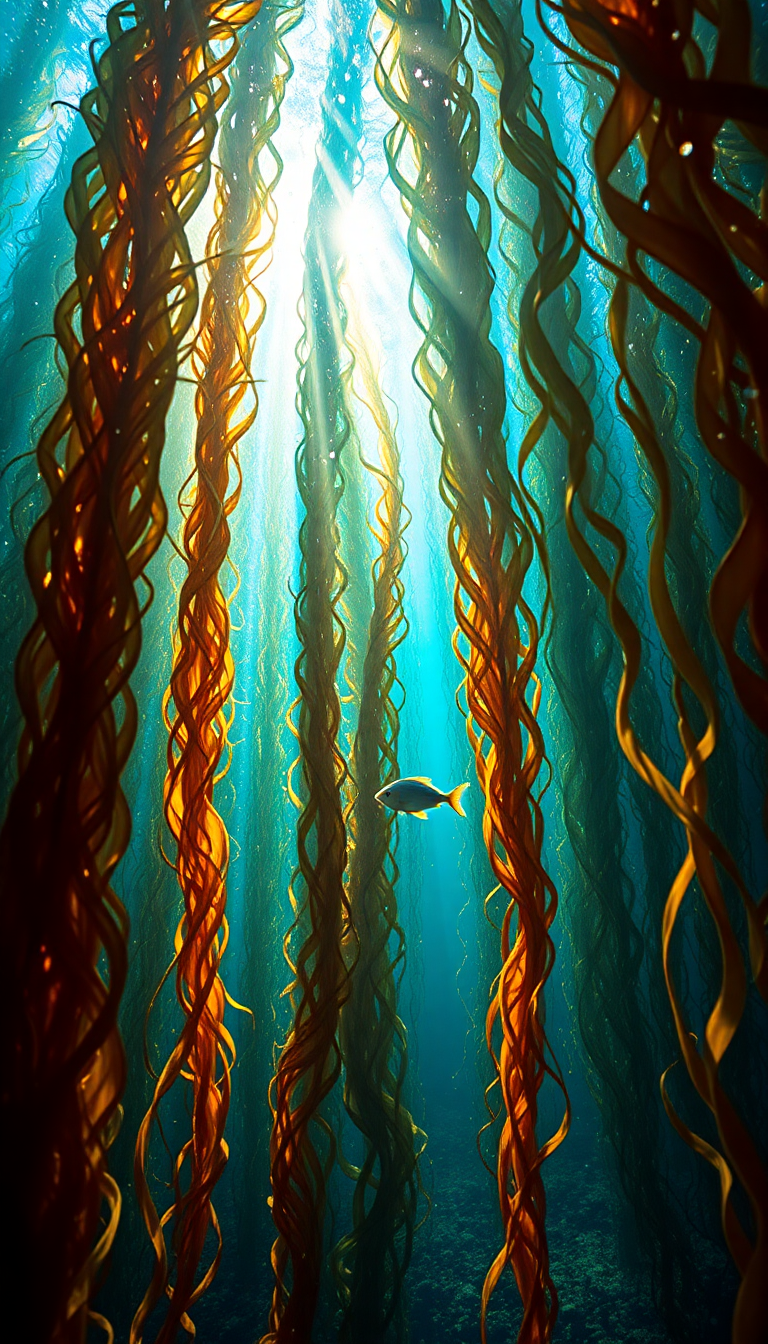 Underwater Forest Kelp Swaying Fish Photorealistic Wallpaper