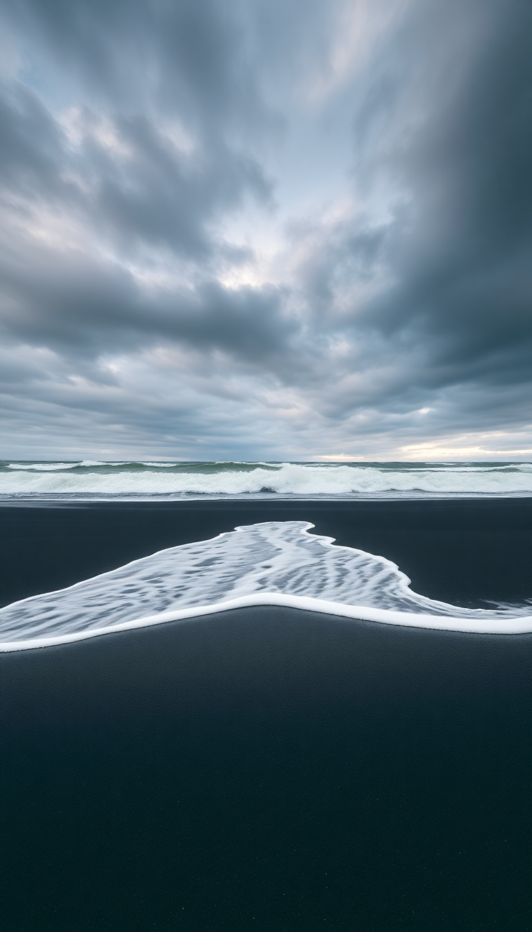 Icelandic Black Sand Beach Waves Photorealistic Wallpaper