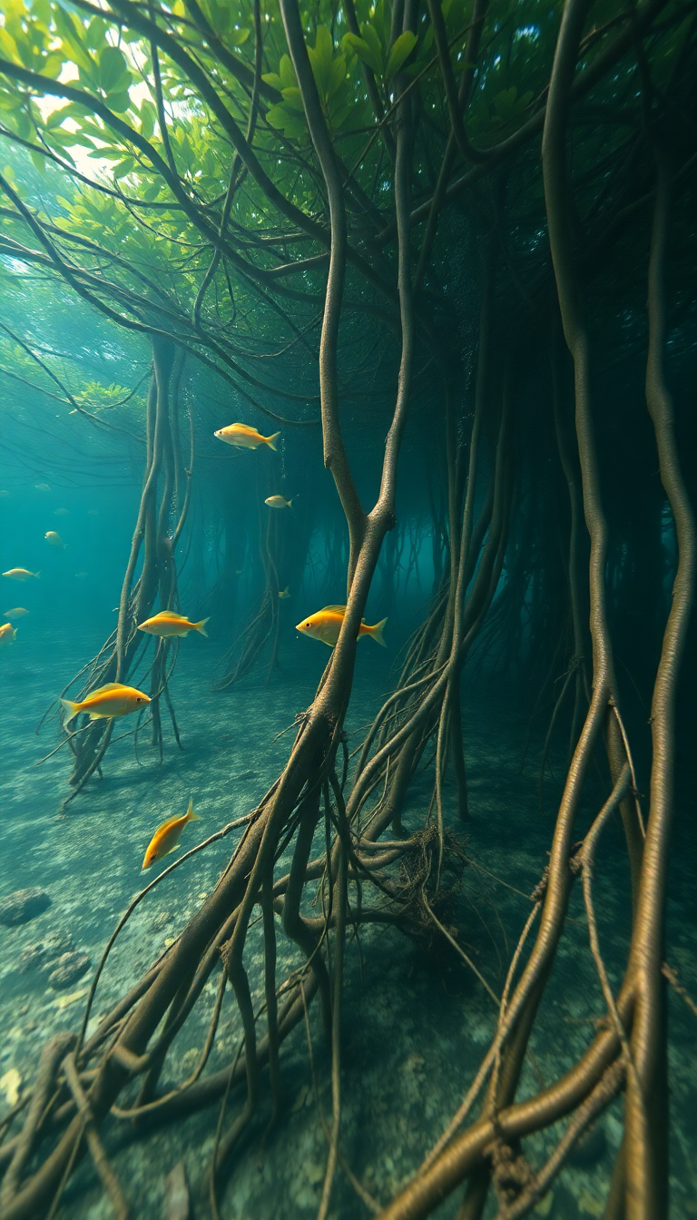 Mangrove Forest Roots Underwater Fish Photorealistic Wallpaper