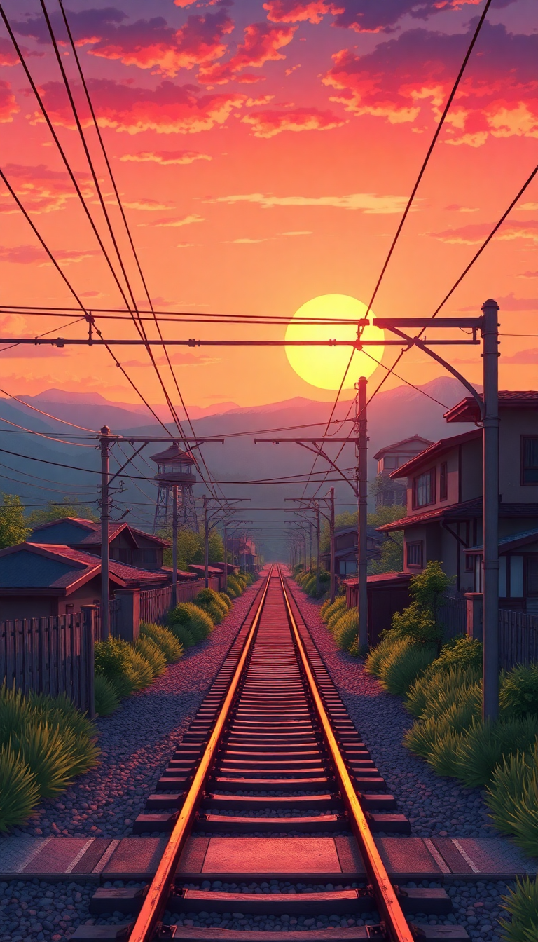 Train Crossing Rural Japan Sunset Anime Wallpaper