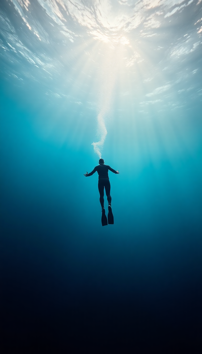 Freediver Descending Into Deep Blue Photorealistic Wallpaper