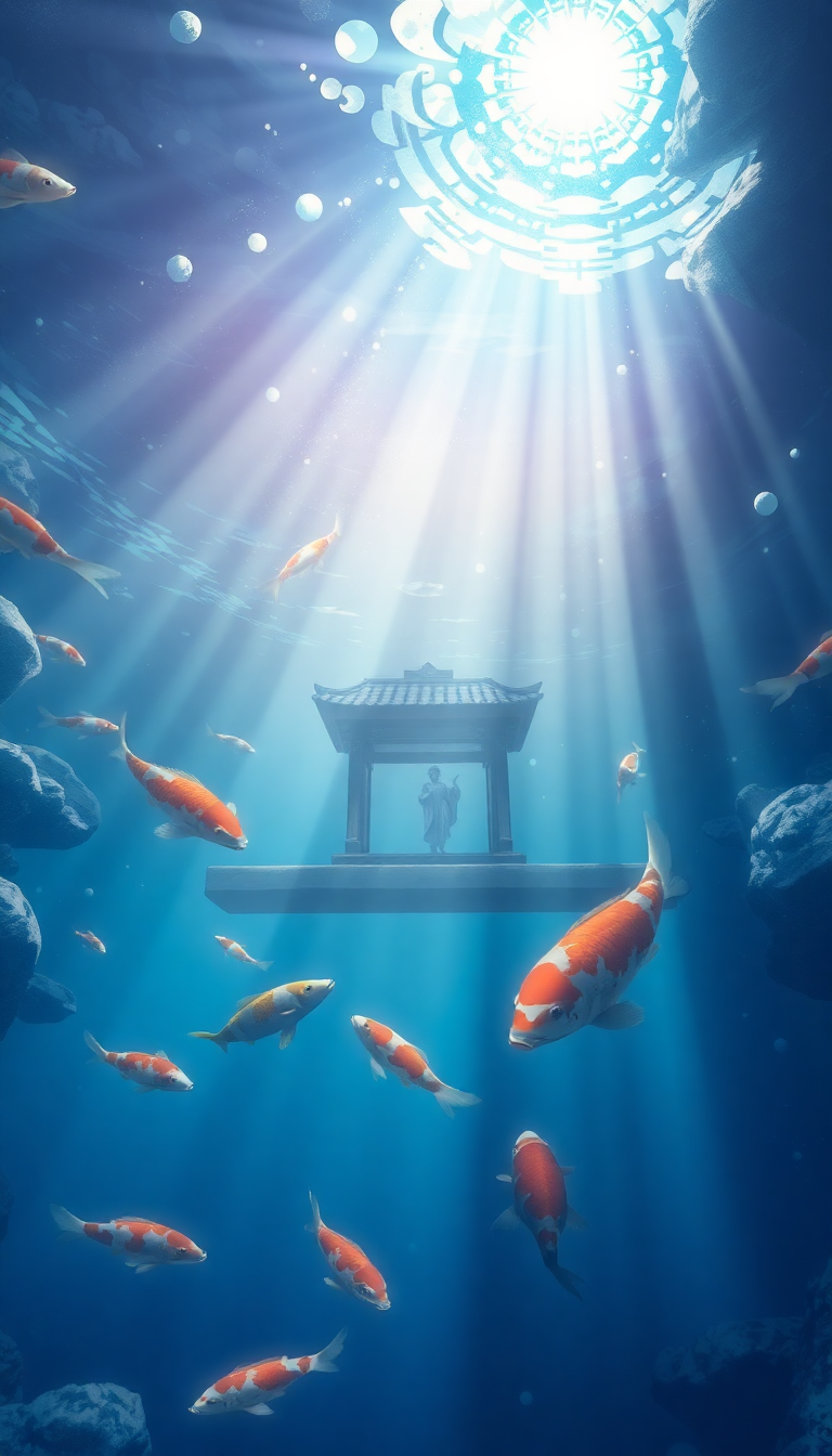 Underwater Shrine Koi Fish Swimming Anime Wallpaper