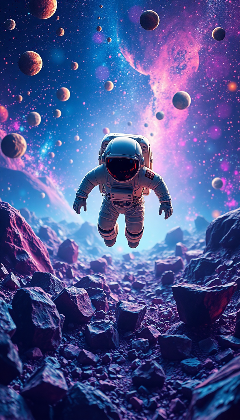 Solar Astronaut Floating Through Colorful Asteroid Wallpaper
