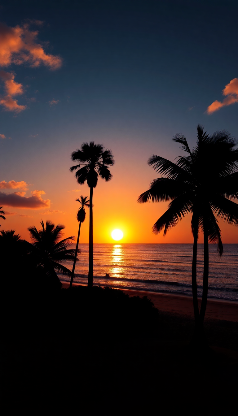 Summer Sunset Beach Silhouette Palm Photorealistic Wallpaper
