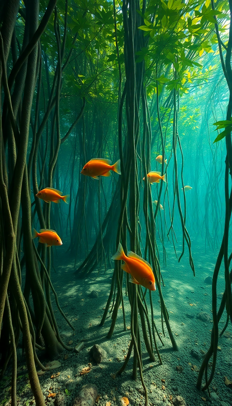 Mangrove Forest Roots Underwater Fish Photorealistic Wallpaper