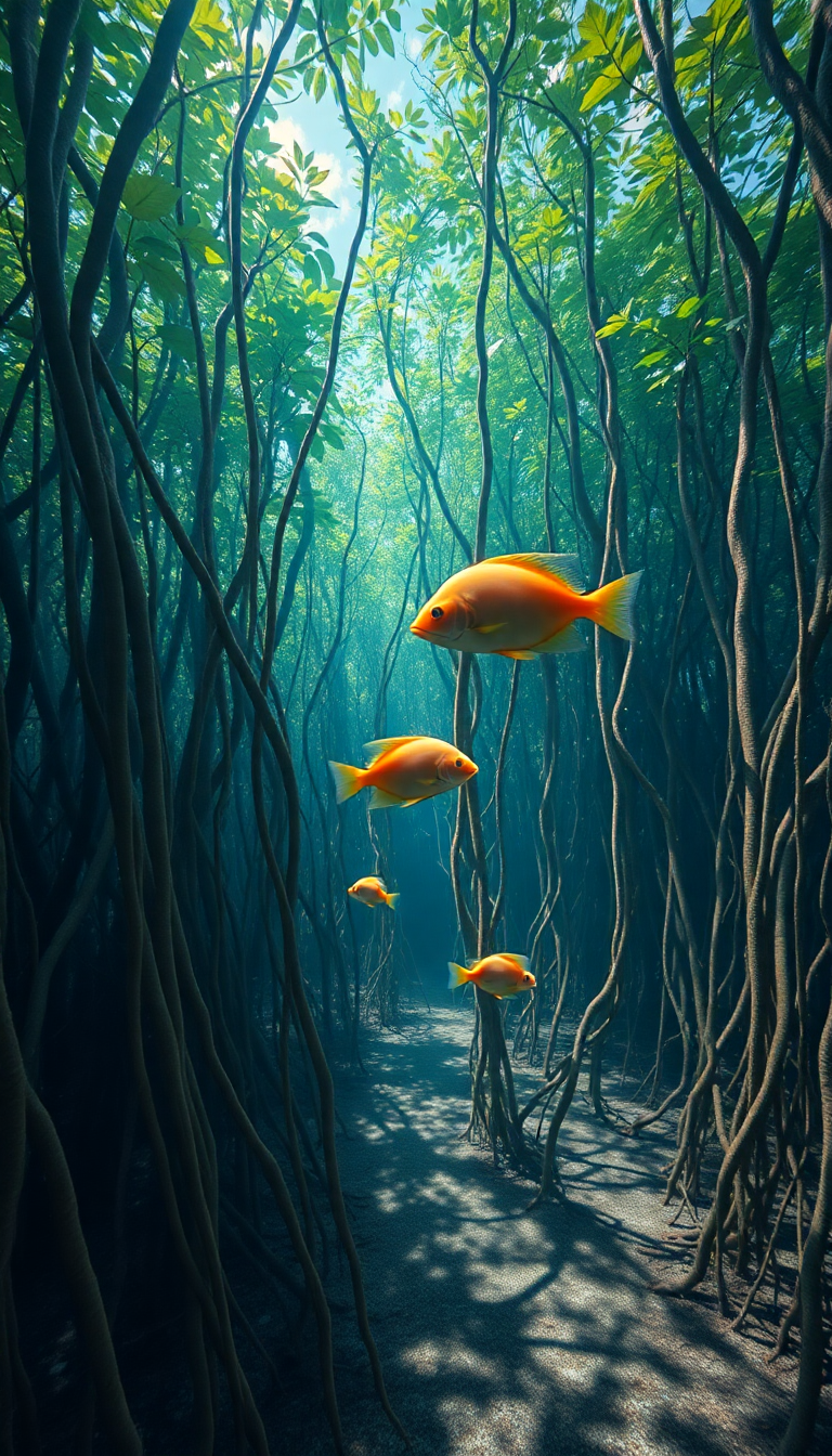 Mangrove Forest Roots Underwater Fish Photorealistic Wallpaper