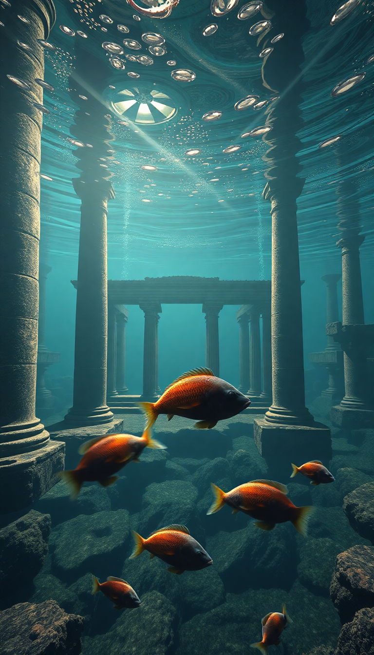 Sunken Ancient Temple Fish Swimming Digital art Wallpaper
