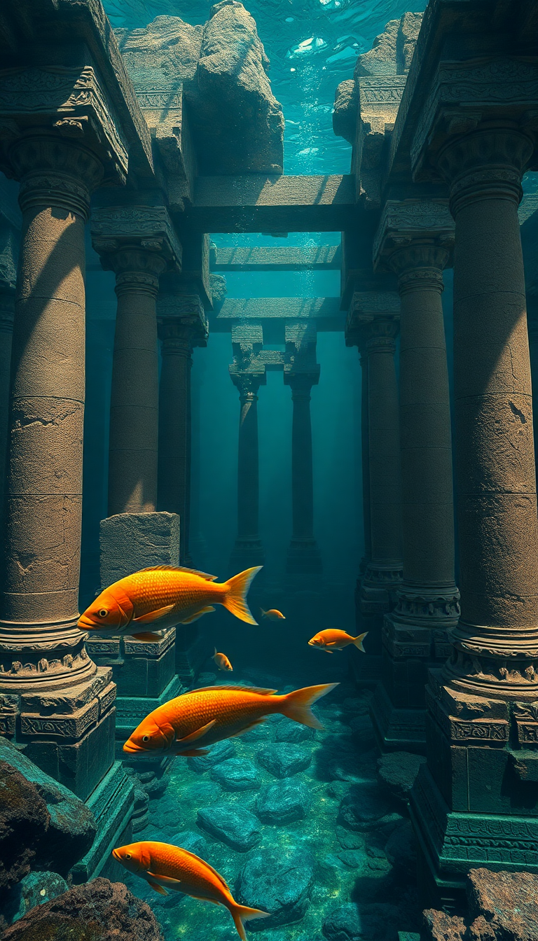 Sunken Ancient Temple Fish Swimming Digital art Wallpaper