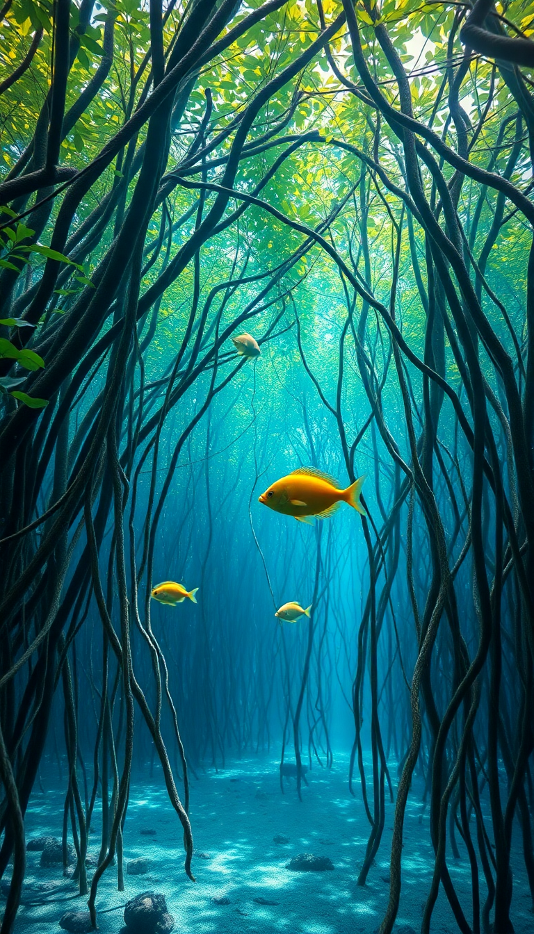 Mangrove Forest Roots Underwater Fish Photorealistic Wallpaper