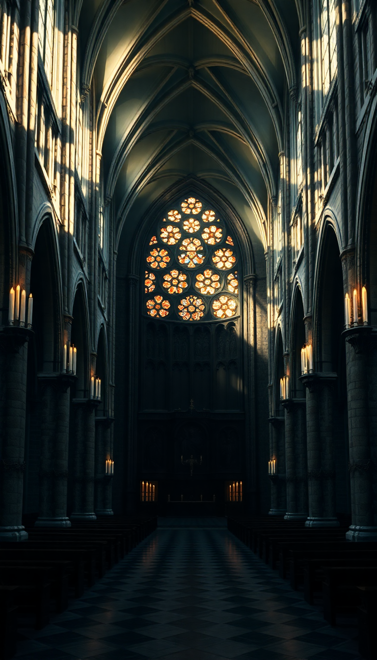 Gothic Cathedral Interior Candlelight Shadows Photorealistic Wallpaper
