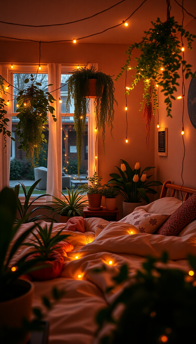 Indie Bedroom Fairy Lights Plants Photorealistic Wallpaper