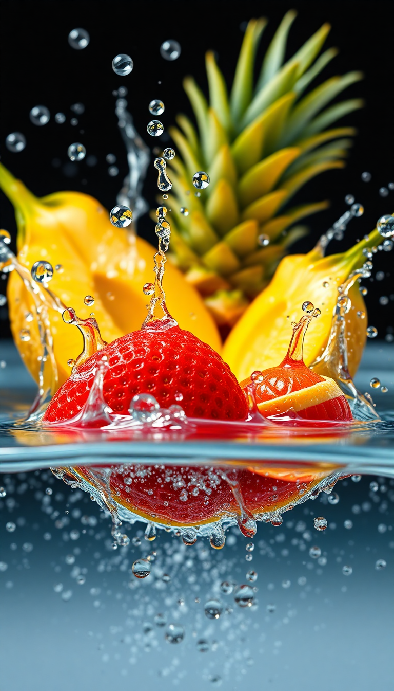 Tropical Fruit Splash Water Droplets Photorealistic Wallpaper