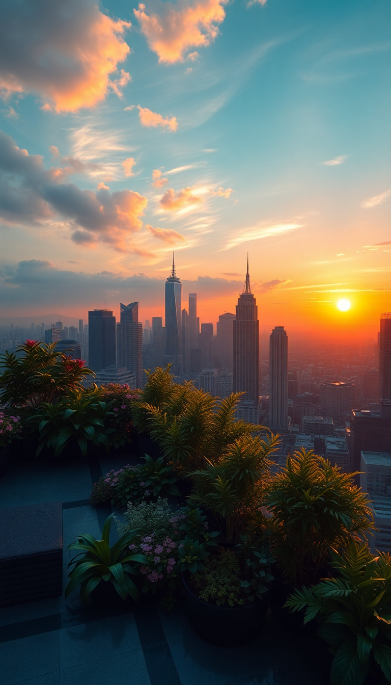 Rooftop Garden Oasis Above City Photorealistic Wallpaper