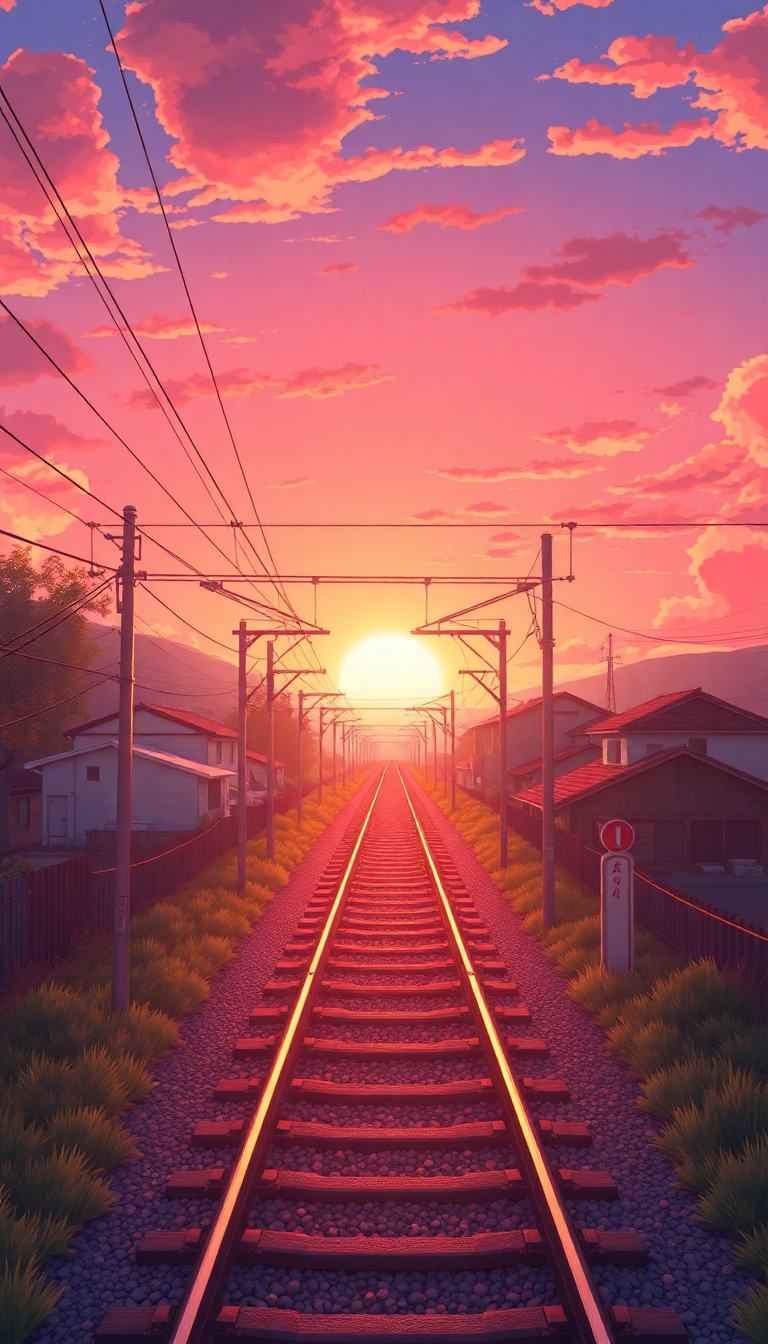 Train Crossing Rural Japan Sunset Anime Wallpaper