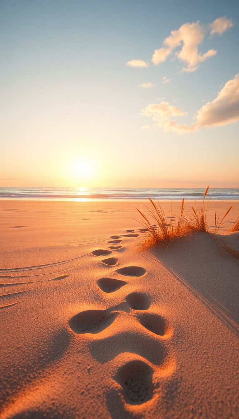 Summer Beach Golden Hour Footprints Photorealistic Wallpaper