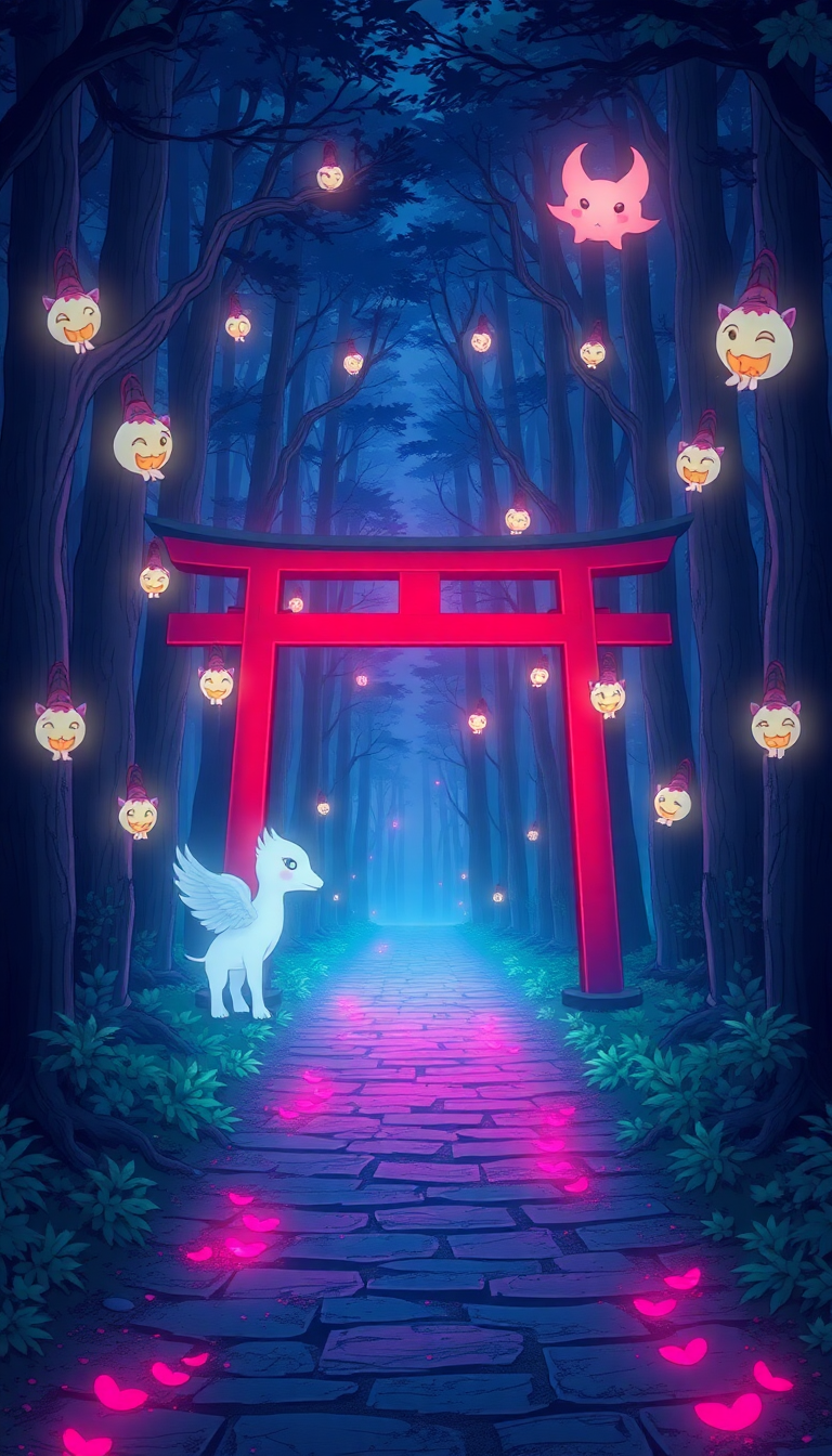 Spirit Forest Glowing Creatures Torii Anime Wallpaper