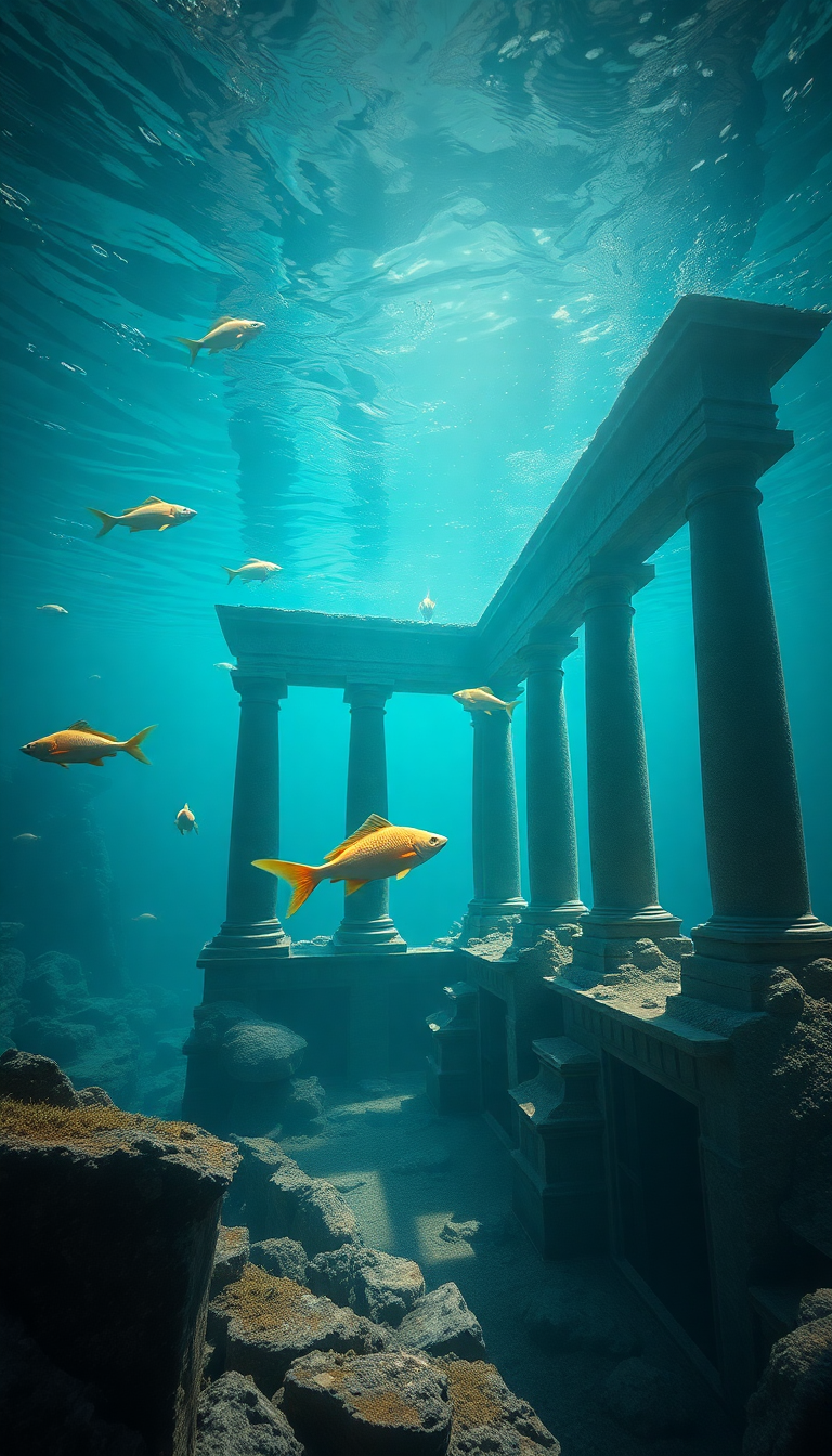 Sunken Ancient Temple Fish Swimming Digital art Wallpaper