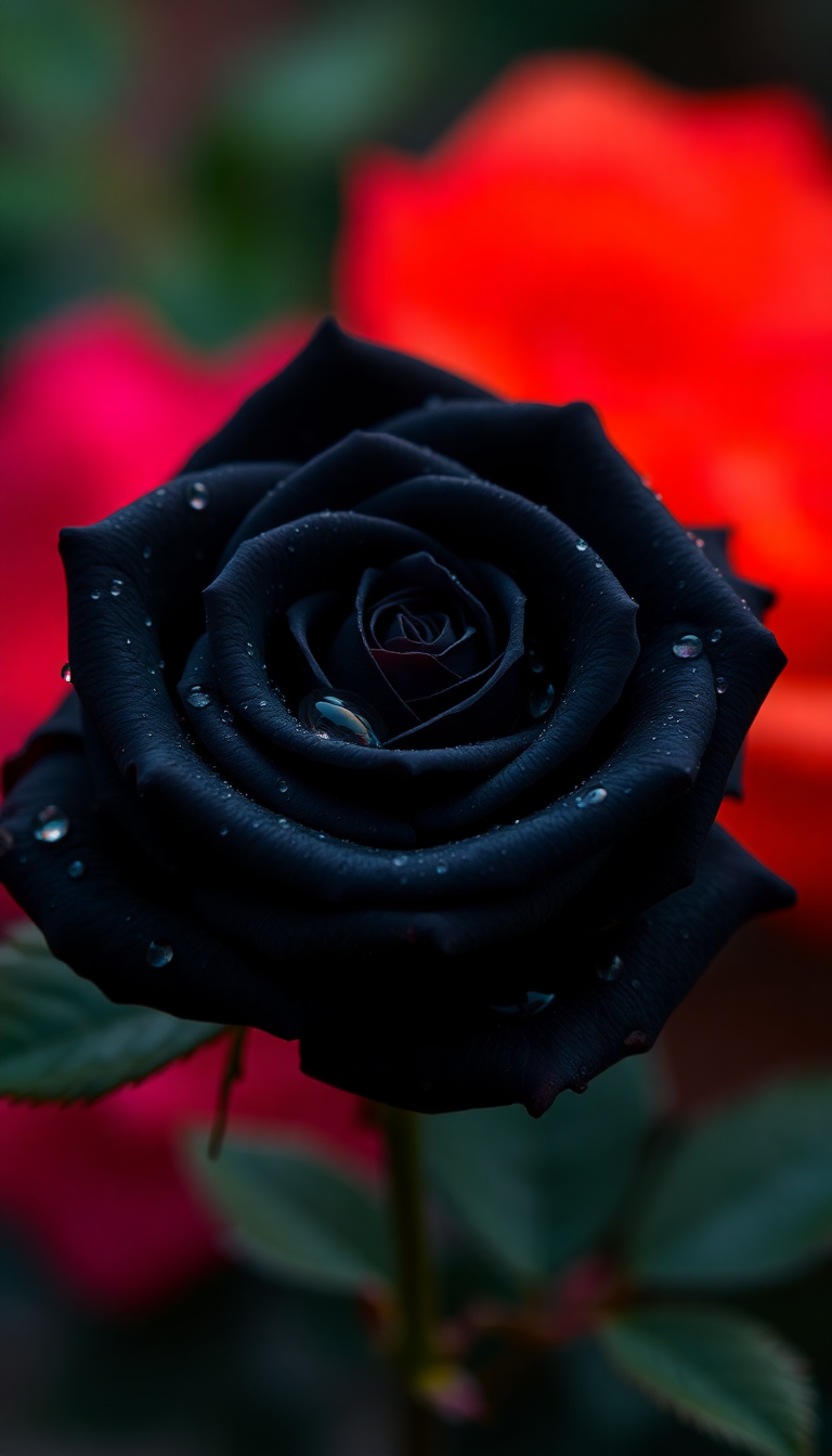 Black Rose With Water Droplets Photorealistic Wallpaper