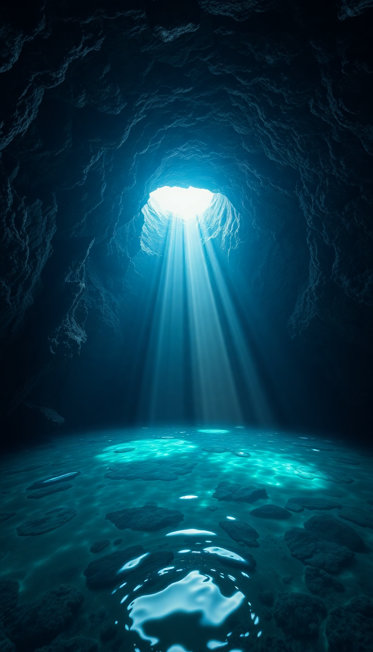 Underwater Cave Entrance Light Streaming Photorealistic Wallpaper