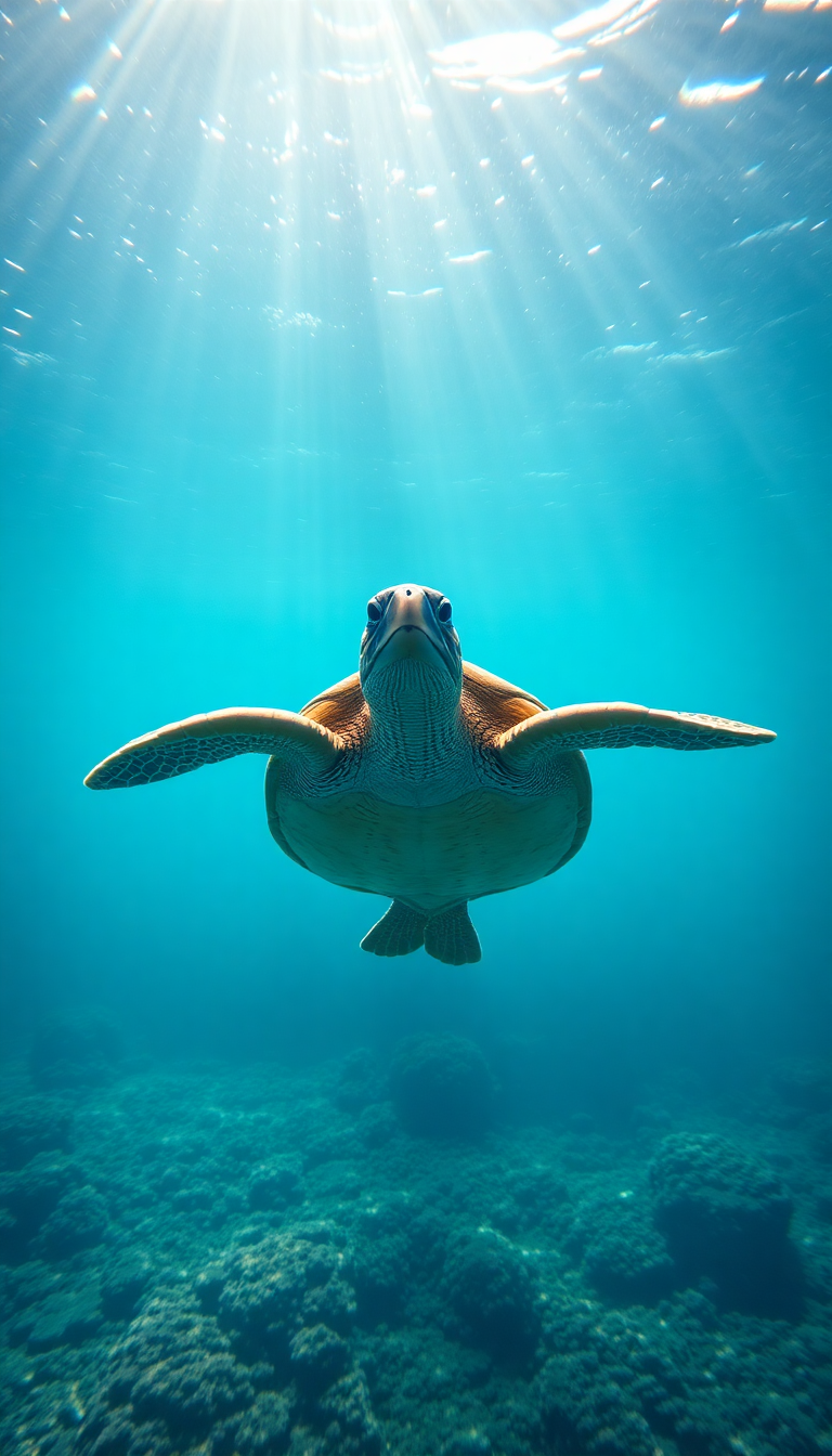 Sea Turtle Swimming Sunbeams Underwater Photorealistic Wallpaper