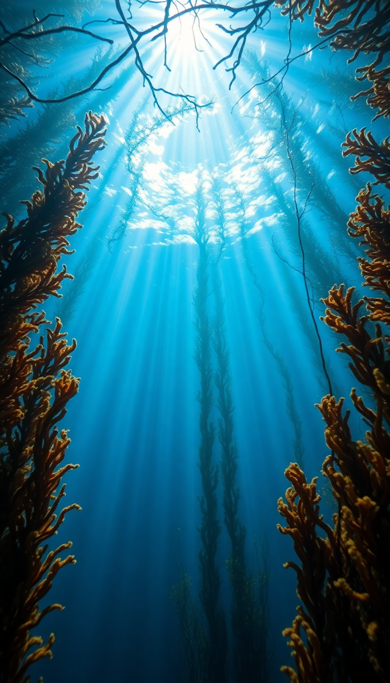 Underwater Kelp Forest Sun Rays Photorealistic Wallpaper