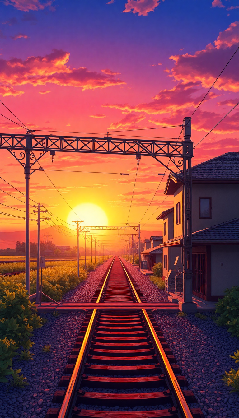 Train Crossing Rural Japan Sunset Anime Wallpaper