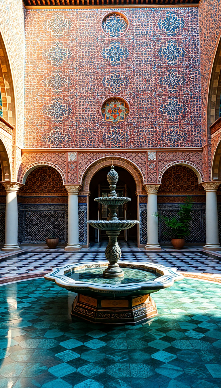 Moroccan Courtyard Tiles Fountain Mosaic Photorealistic Wallpaper