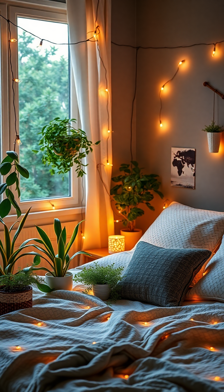 Indie Bedroom Fairy Lights Plants Photorealistic Wallpaper