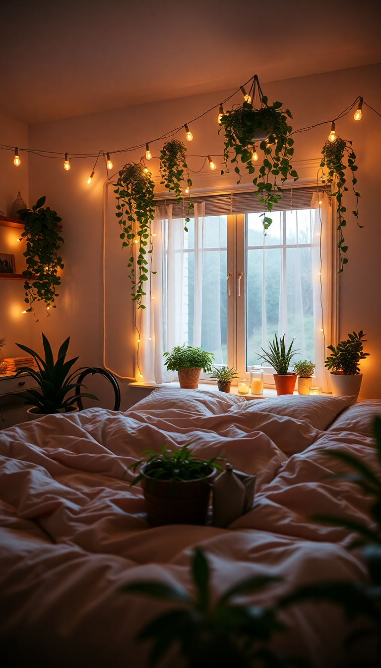 Indie Bedroom Fairy Lights Plants Photorealistic Wallpaper