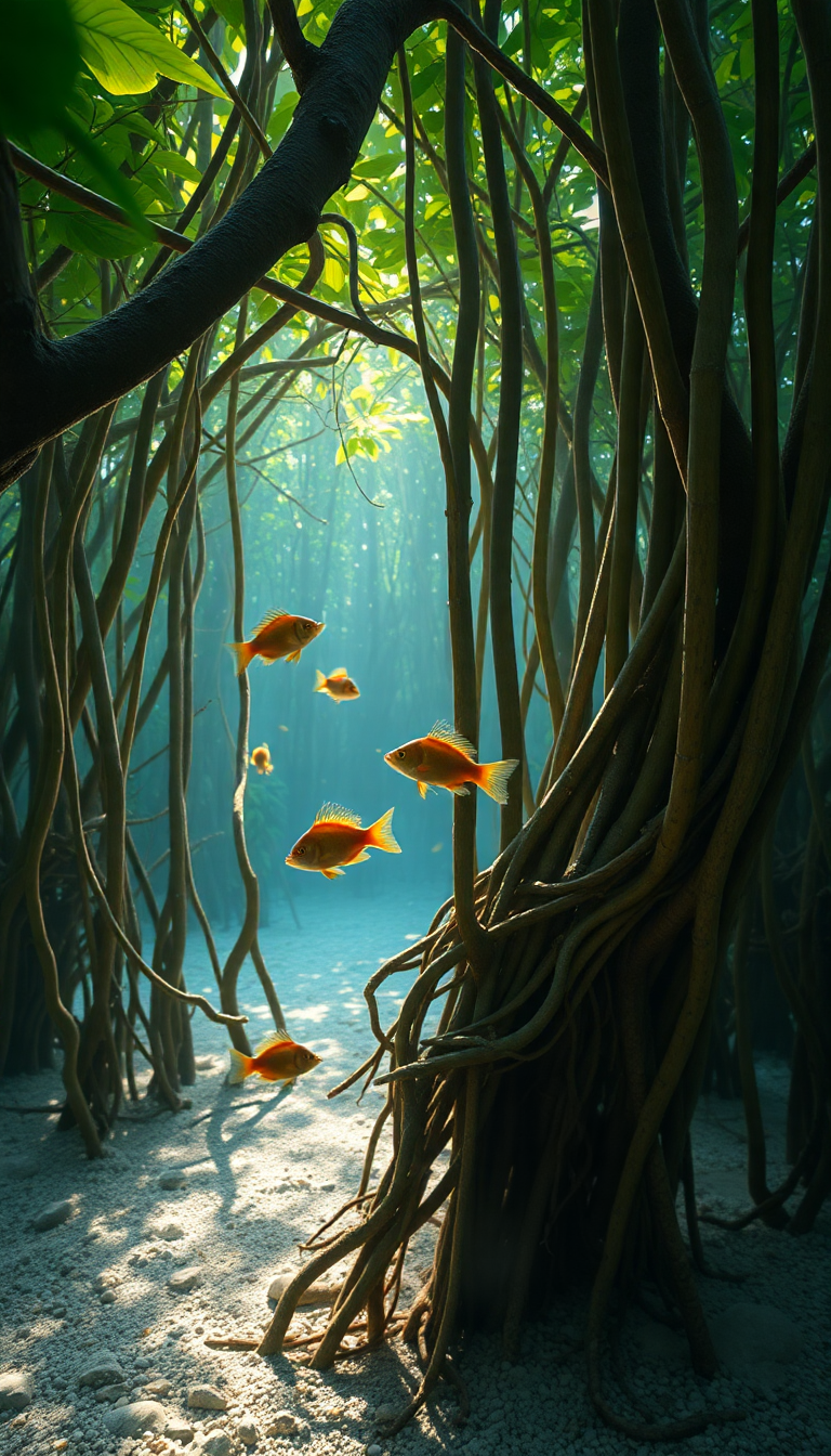 Mangrove Forest Roots Underwater Fish Photorealistic Wallpaper