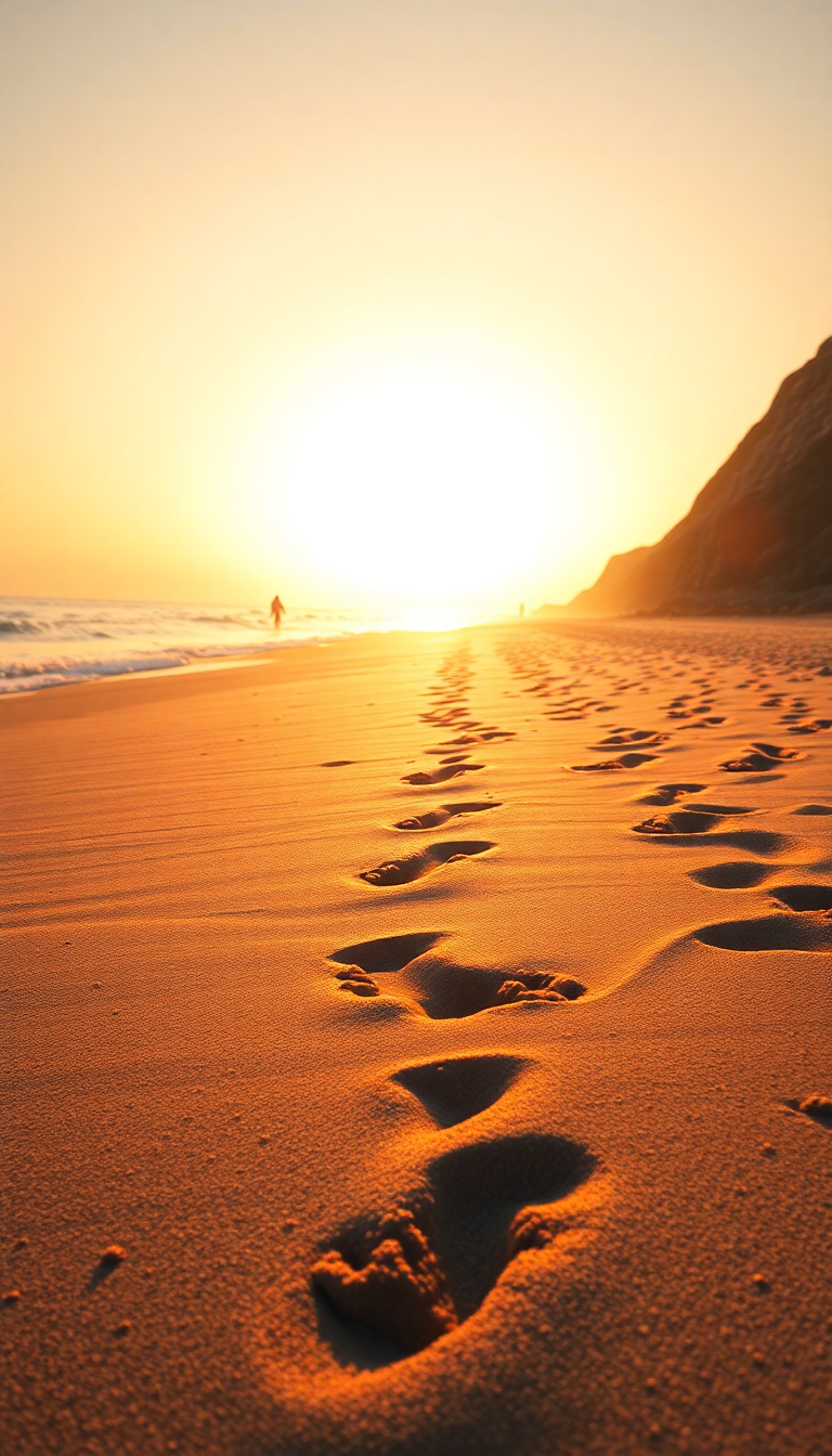 Summer Beach Golden Hour Footprints Photorealistic Wallpaper